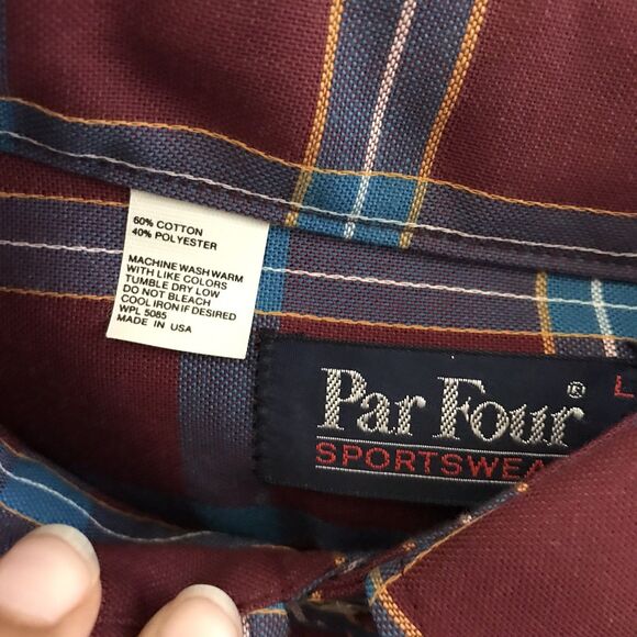 Vintage Par Four Burgundy Cotton Plaid Collared Long Sleeve Mens VTG Shirt - L - Picture 7 of 7